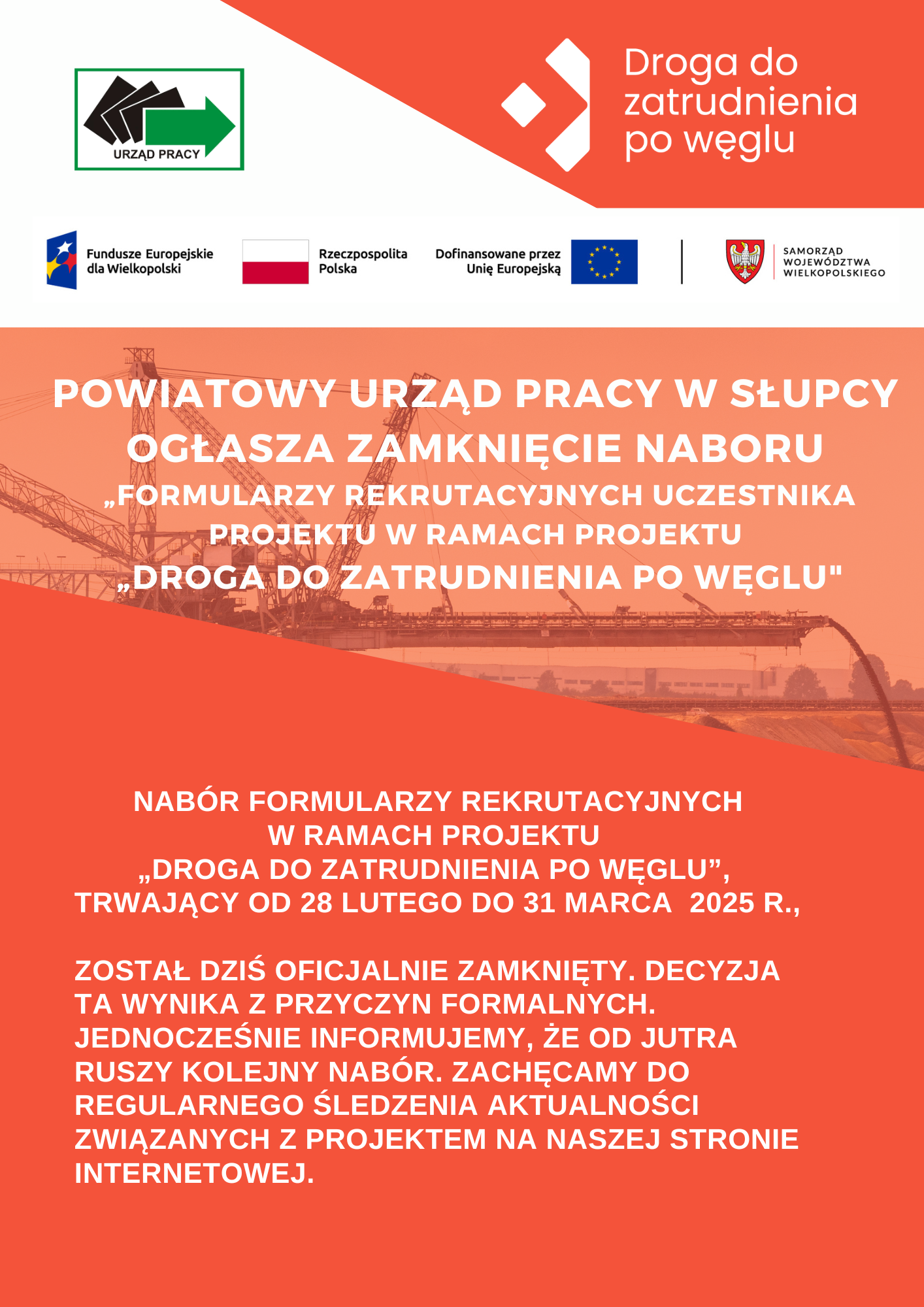 Zdjęcie artykułu Zamknięcie naboru Formularzy rekrutacyjnych Uczestnika Projektu w ramach projektu „Droga do zatrudnienia po węglu"