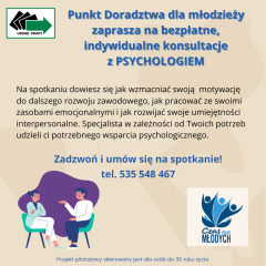 Zdjęcie artykułu Punkt Doradztwa dla młodzieży zaprasza na bezpłatne, indywidualne konsultacje z PSYCHOLOGIEM